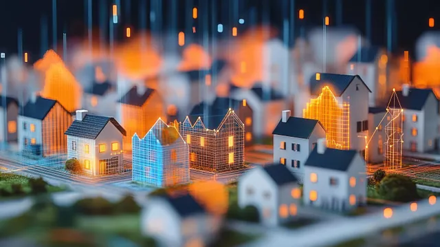 Miniature houses in a night scene with glowing wireframe overlays and data points indicating a smart city network.