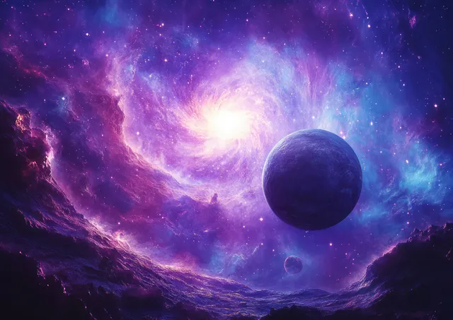 A bright spiral galaxy with a glowing core, dark planets, and colorful nebula clouds in deep space.