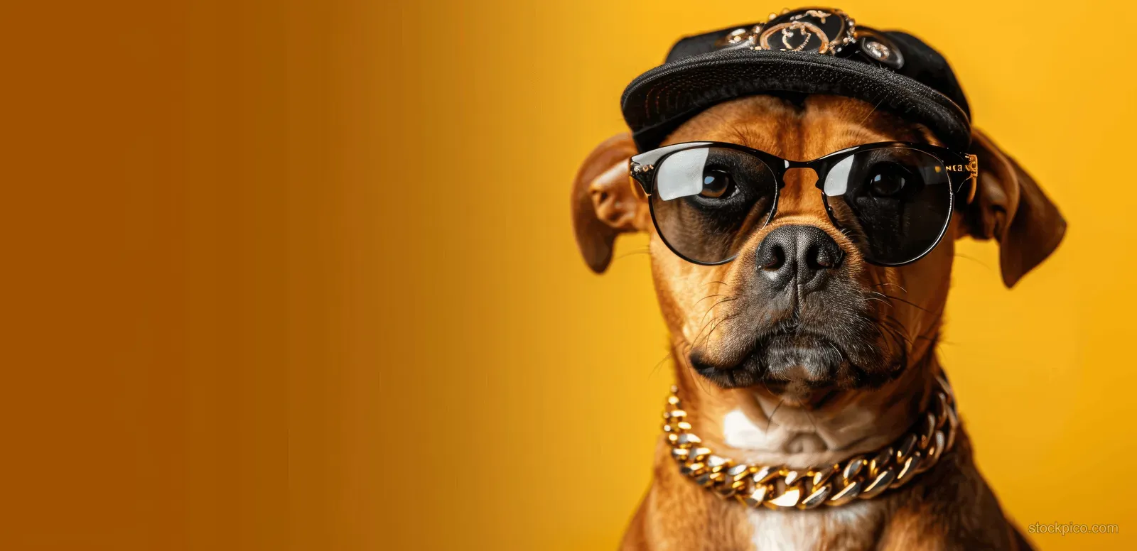 Brown dog wearing sunglasses and a gold chain poses like a rapper on a bright yellow background with space above.
