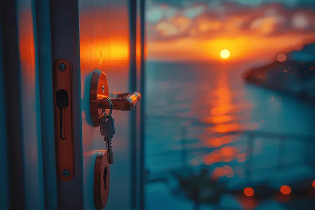 Hotel room door with key in foreground as sunset glows over ocean waves