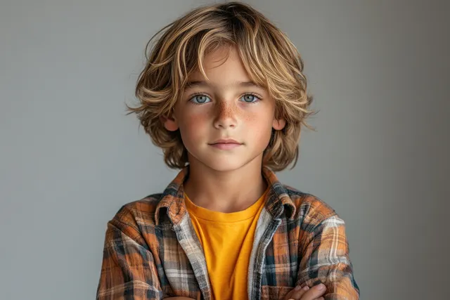 Smiling Indian boy with crossed arms in plaid shirt, studio portrait against white