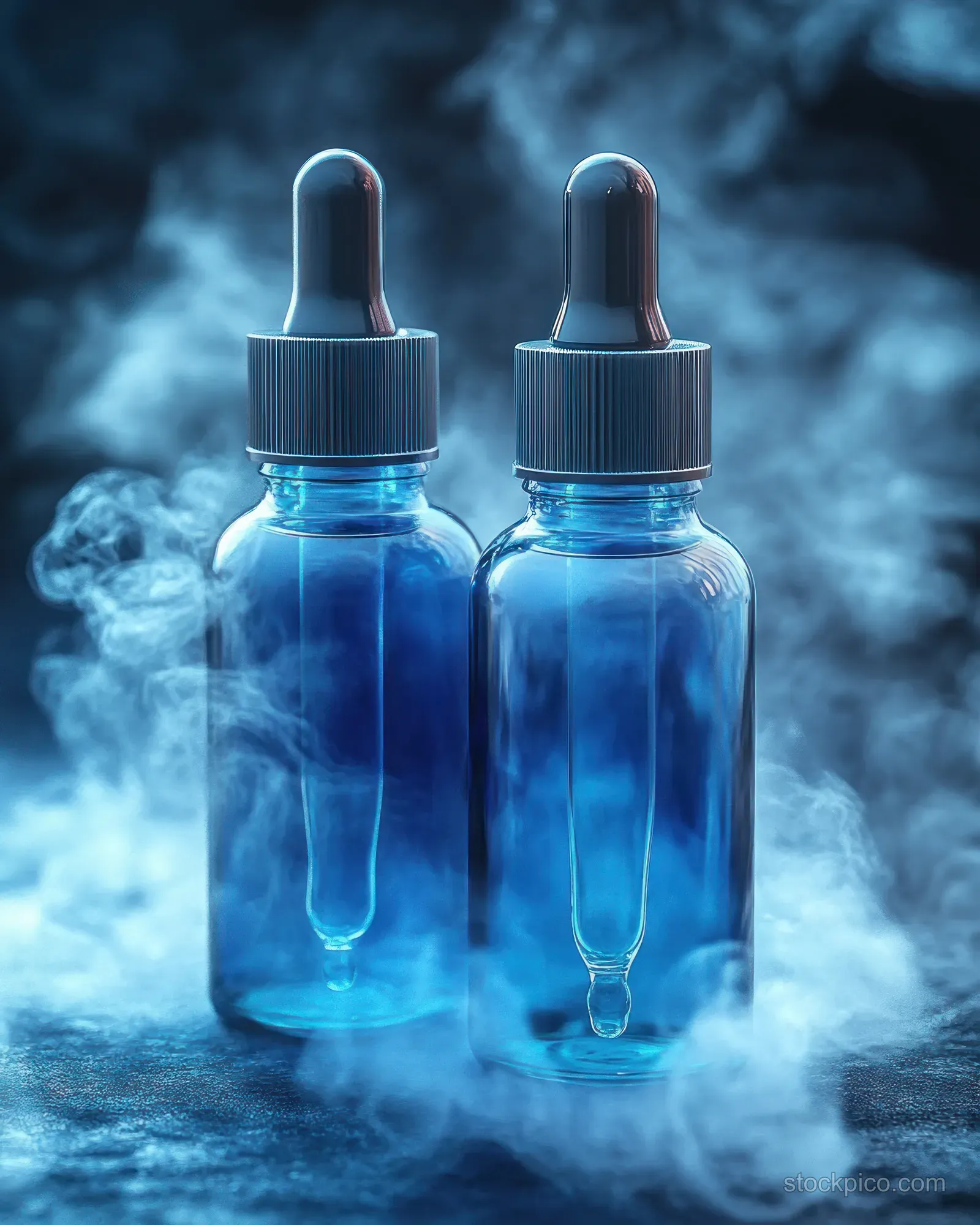 Two blue glass dropper bottles with glowing pipettes surrounded by swirling mist on a cool blue background.