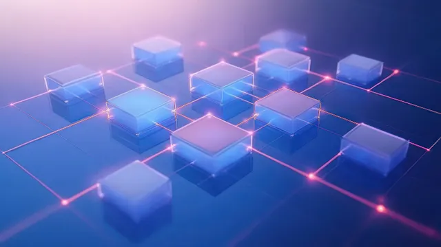 Translucent 3D blocks connected by glowing red and blue lines form a workflow flowchart diagram.