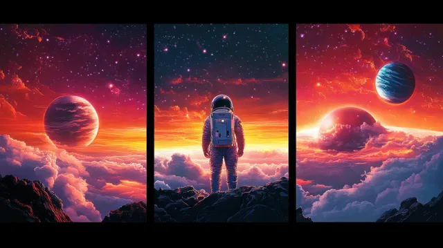 Astronaut stands in neon sunset cosmos, retro-futurist planets glowing behind
