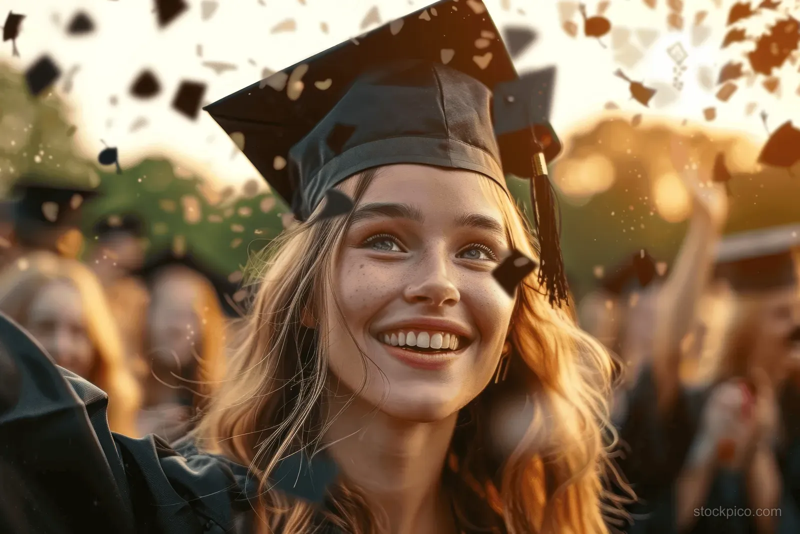 Smiling graduate in cap and gown outdoors with confetti falling around her.