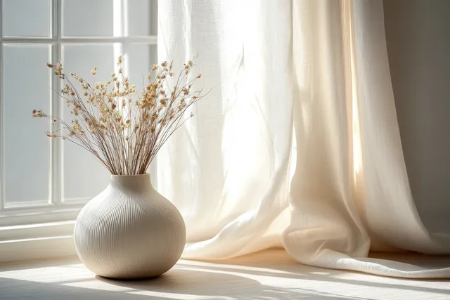 Minimalist ceramic vase with dried wildflowers on wooden table by sunlit Scandinavian window
