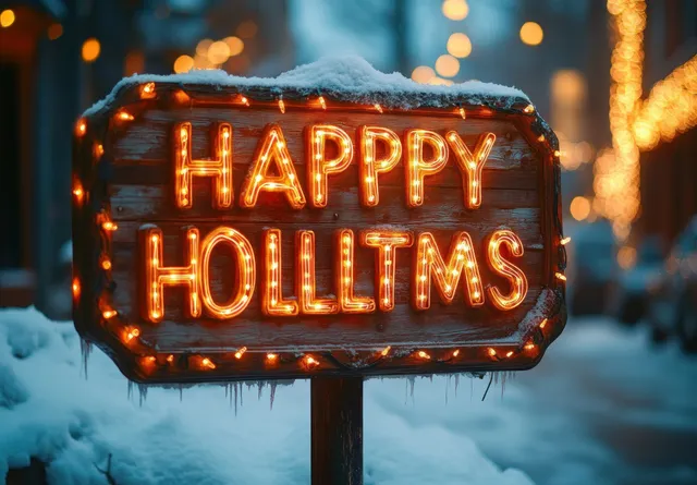 Snowy wooden sign lighting up “HAPPY HOLLITMS” on a frosty winter night street