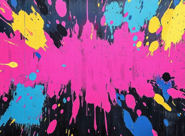 Colorful paint splatters and drips cover a textured grunge backdrop with pink, blue, and yellow tones.