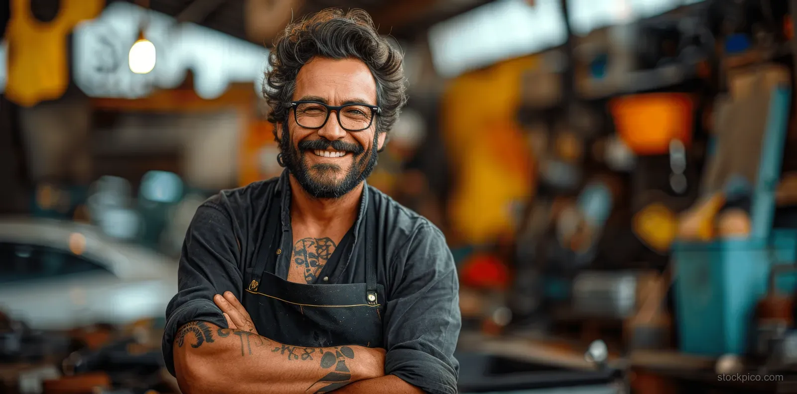 Smiling car mechanic in a garage workshop with arms crossed and blurred tools and cars behind him.