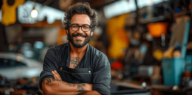 Confident car mechanic with arms crossed, smiling in a busy garage workshop behind him