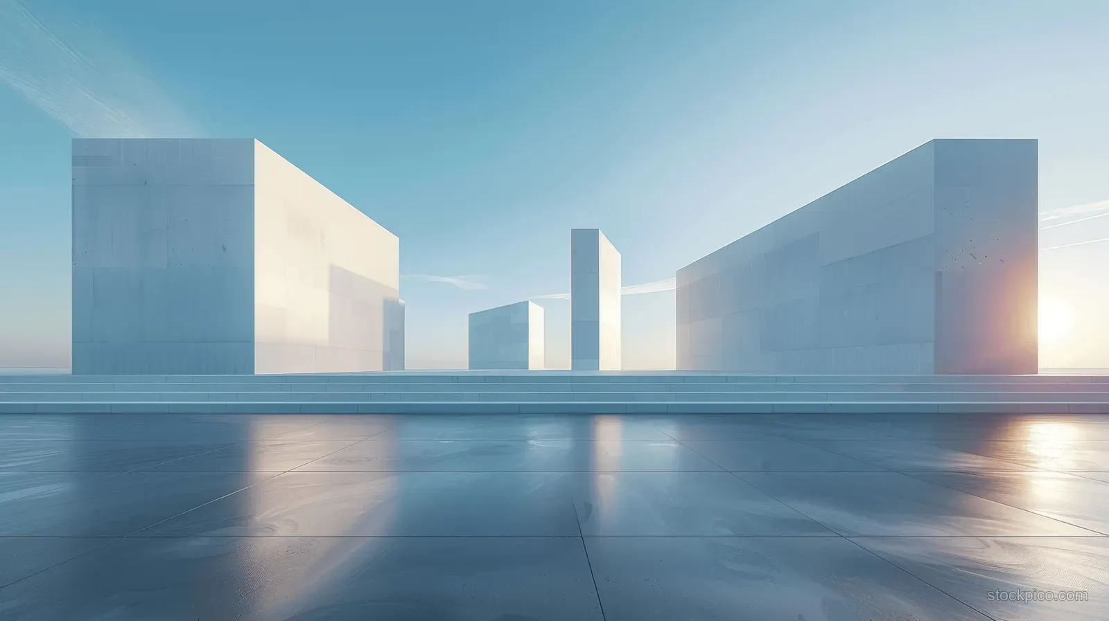 Sunlit concrete plaza with reflections leading to three futuristic glass towers under a clear sky.