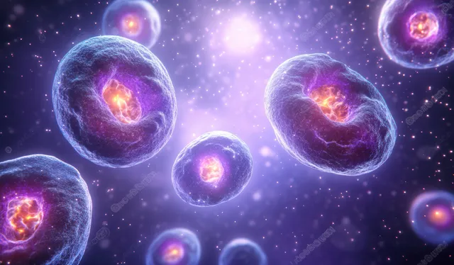 Glowing cells divide with luminous nuclei suspended over a purple starry background.
