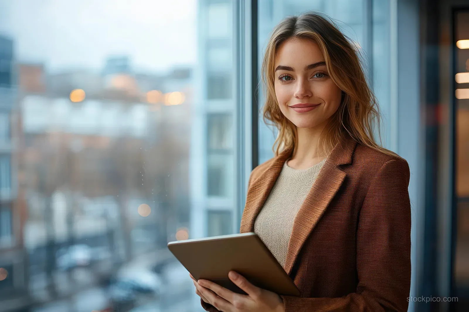 Businesswoman holding a tablet by an office window with a blurred city skyline outside.