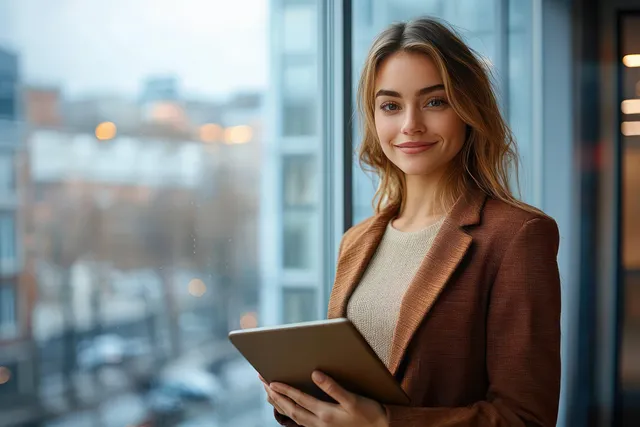 Businesswoman holding a tablet by an office window with a blurred city skyline outside.