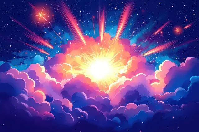 Cartoon color burst explosion over glowing clouds with sparkling stars and rays