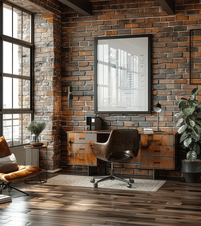 Industrial home office interior with brick wall, glass sideboard, leather chair, desk, and window light.