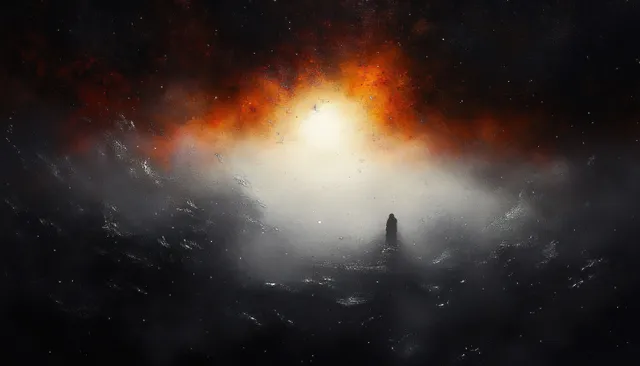 Lonely silhouette stands amid misty dark rocks under fiery orange-white cosmic glow with Glowing Portal Like Effect