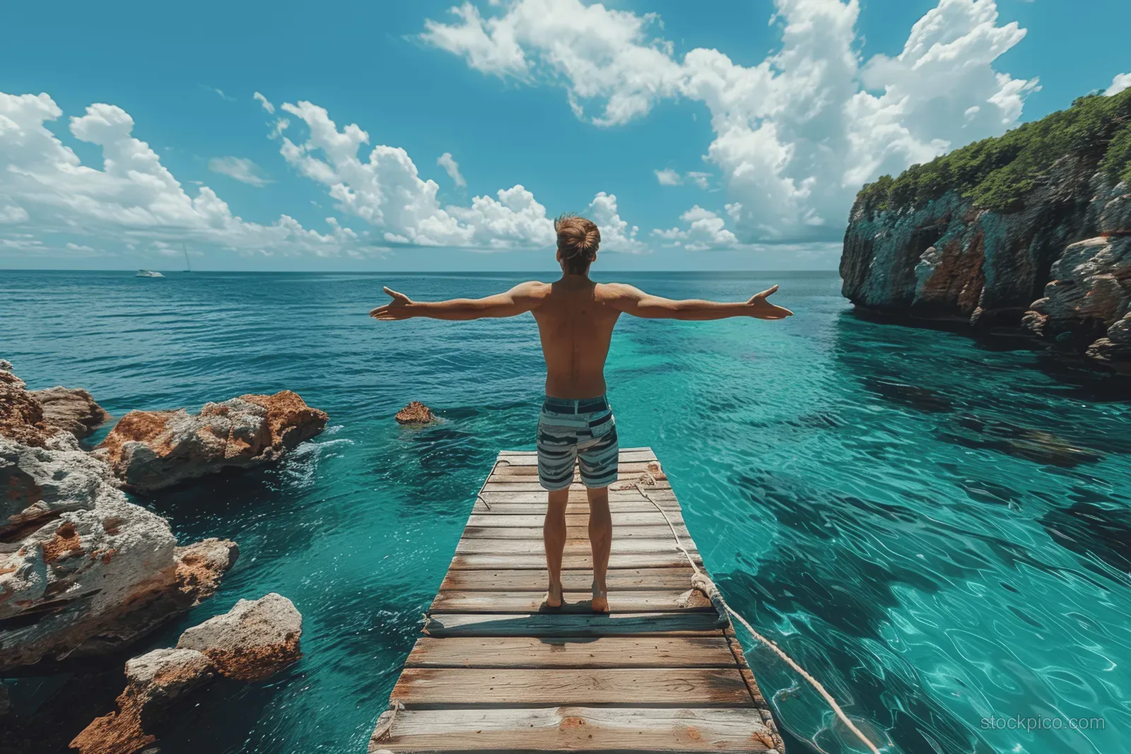 A joyful young man jumps from a wooden pier into clear turquoise sea near rocky cliffs under blue sky.