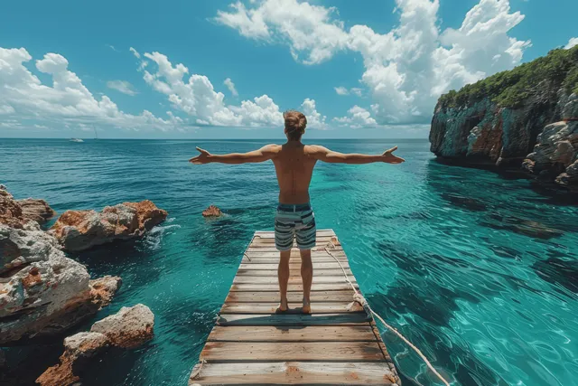 Happy young man jumping off wooden pier into clear sea near rocky island under blue sky