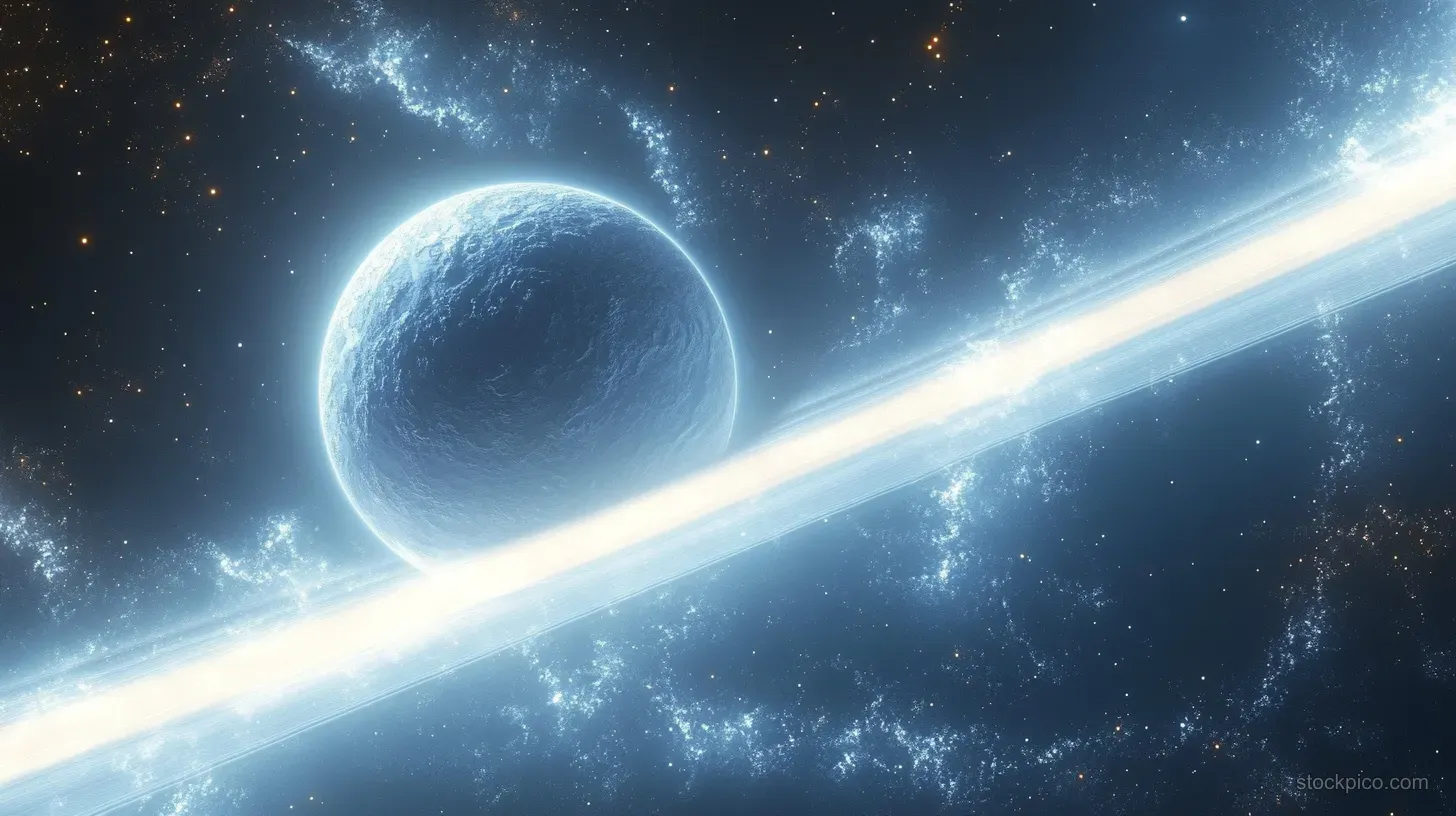 Blue planet in deep space illuminated by a bright sweeping beam through surrounding stars and nebula.
