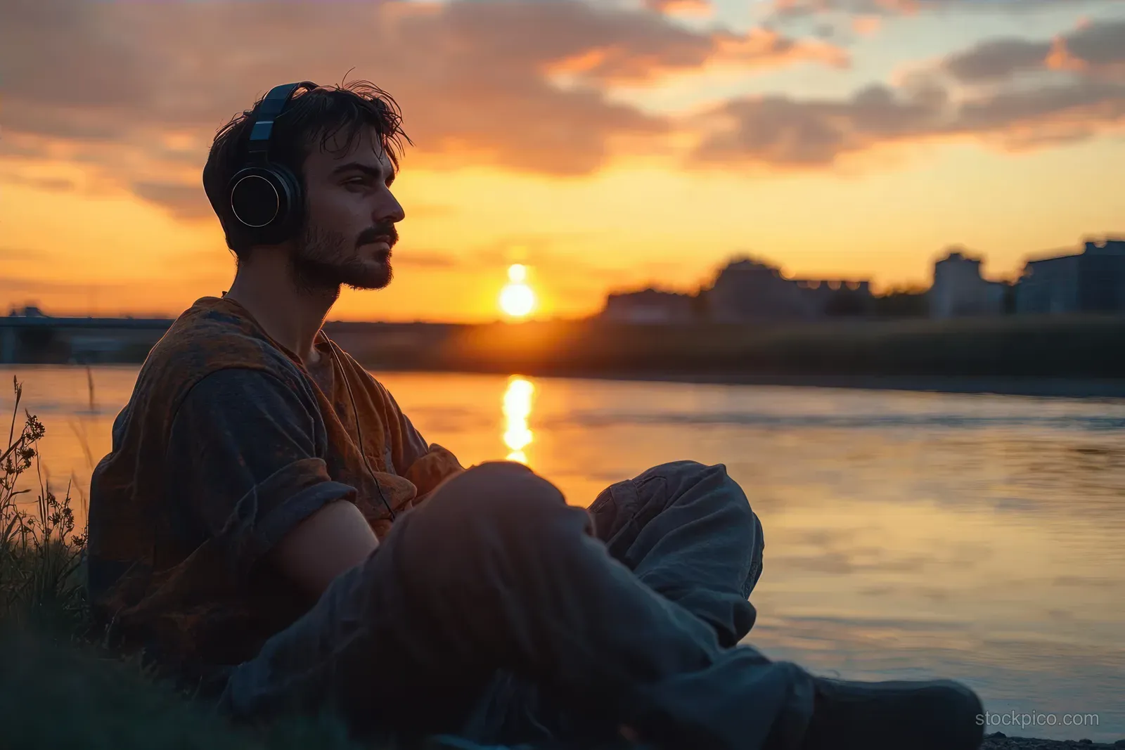 Young man wearing headphones sits cross-legged by a river at sunset with calm water and a distant city skyline.