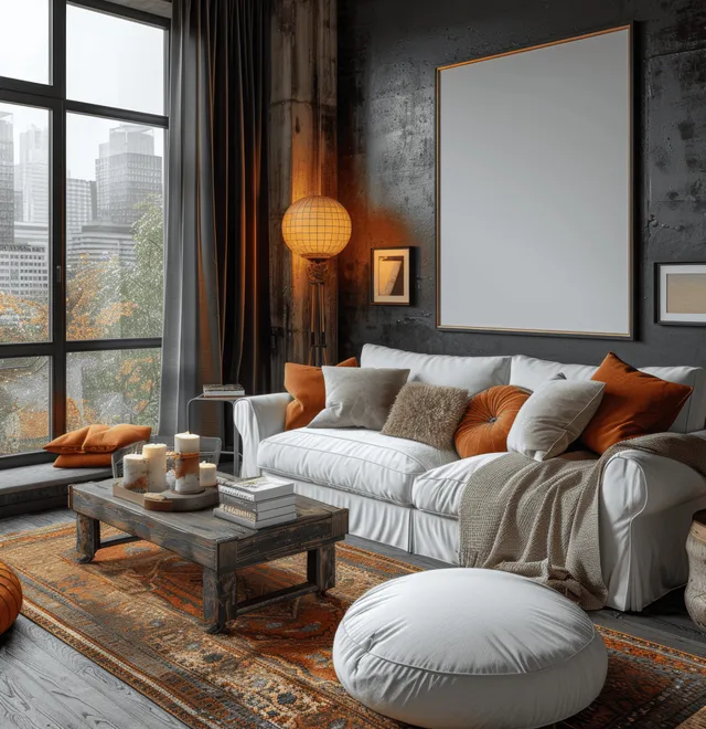 Dark modern living room with a white sofa, black curtains, wooden coffee table, and glowing pendant lamp.