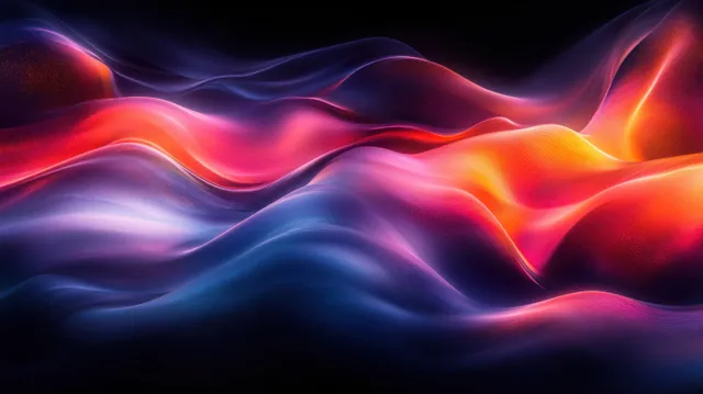 Neon iridescent 3D wave ribbons ripple across a dark abstract background with glowing highlights.