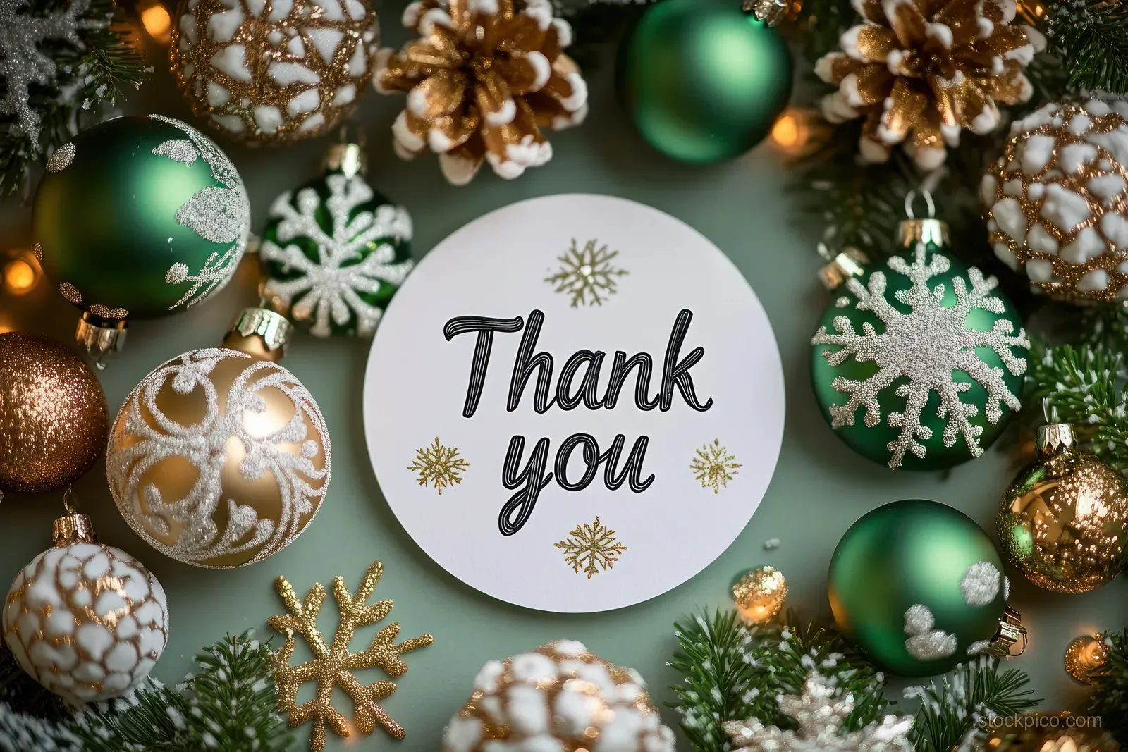 Circular thank you card centered among green, gold, and white Christmas ornaments and pine cones.