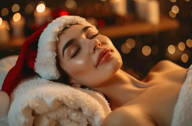 A young woman wearing a Santa hat naps on a blanket, surrounded by softly blurred warm holiday lights.