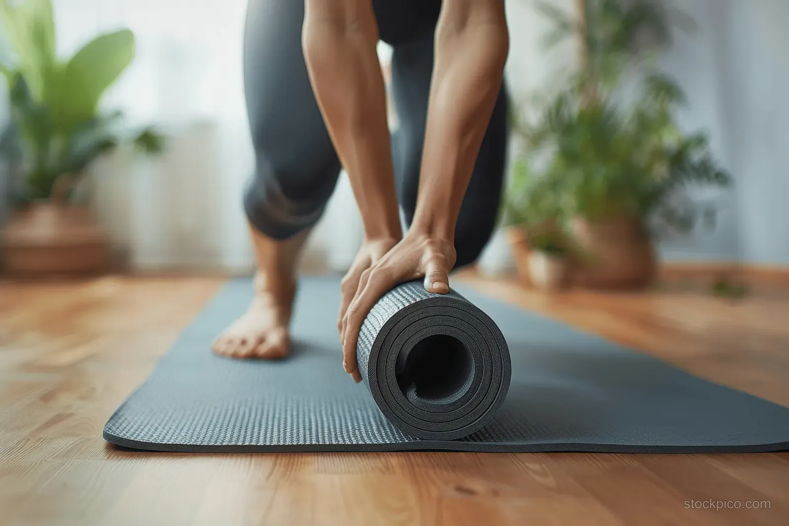 A barefoot woman’s hands unroll a yoga mat on a wooden living room floor for practice.