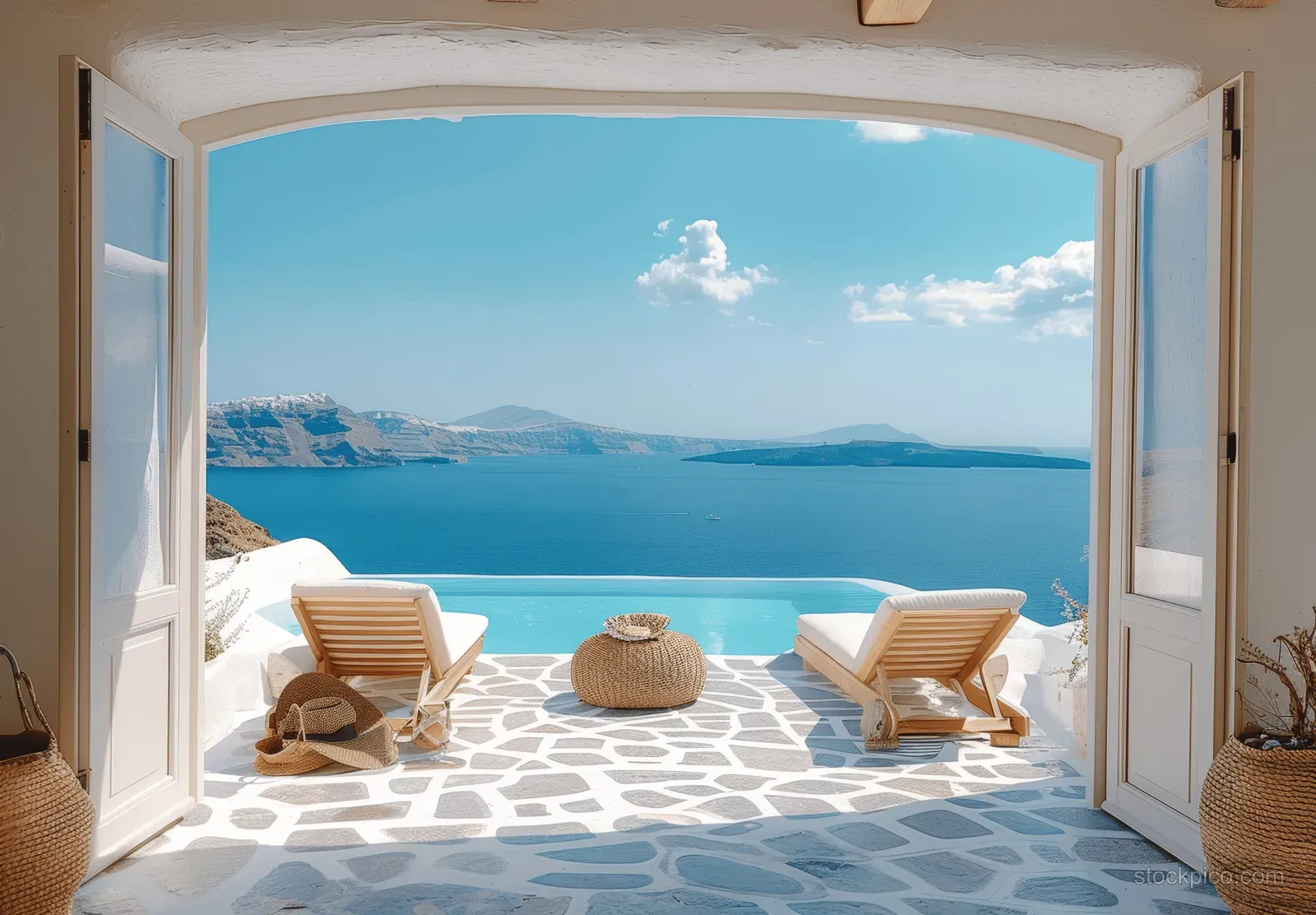 Sunbeds sit beside an infinity pool on a Greek terrace, with ocean and island views framed by a white arch.