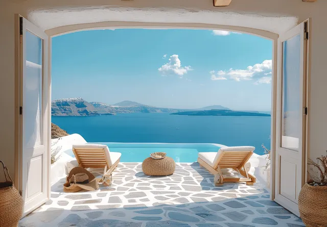 Greek terrace with sunbeds beside infinity pool, sea and island horizon beyond archway