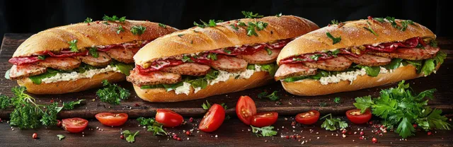 Three grilled chicken sandwiches on crusty baguette, topped with lettuce, tomatoes, herbs, and sauce, arranged on a wooden table.