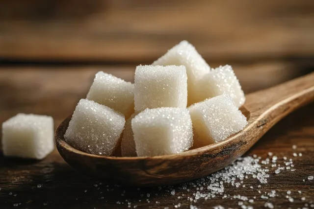 White sugar cubes in a wooden spoon with scattered granulated sugar crystals on rustic wood.