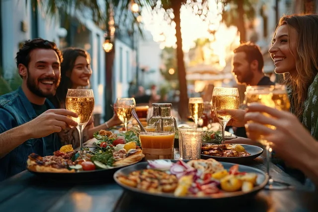 Friends sharing tacos and drinks during outdoor golden-hour dining