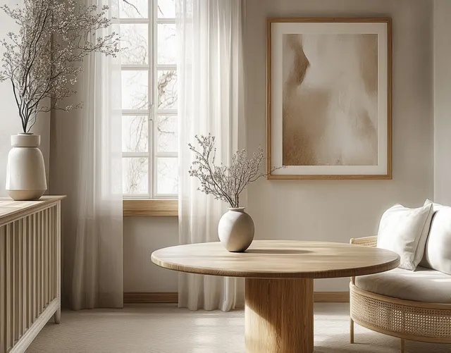 Cozy living room interior with round wooden table, soft armchair, and sunlit curtains