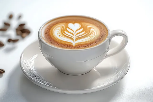 White latte cup with leaf latte art on a saucer with scattered coffee beans on a white background.