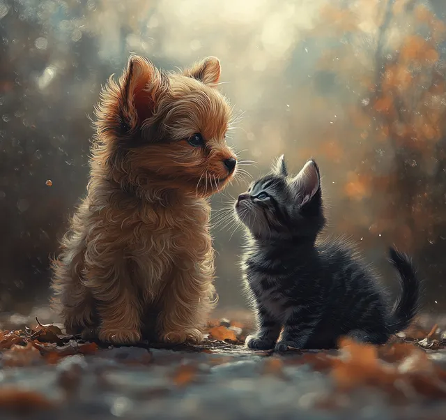 Puppy and kitten sitting together on autumn leaves with soft glowing watercolor texture