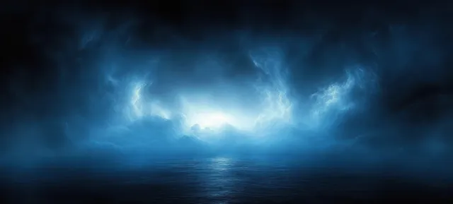 Dark ocean water reflecting glowing blue storm clouds at night.