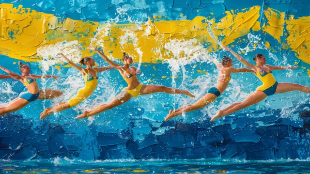 Ukrainian synchronized swimmers perform a coordinated routine in a pool with water spray and a yellow-blue flag backdrop.
