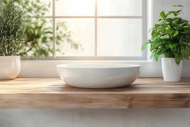 Softly blurred bathroom countertop with white basin and warm natural window light