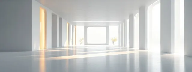 Minimal white hallway interior with soft sunlit beams and clean geometric walls receding into the distance.