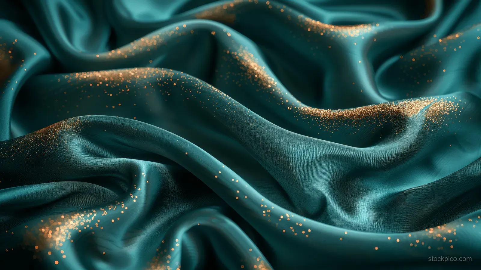 Turquoise emerald satin waves with gold glitter specks and soft glow filling the background.