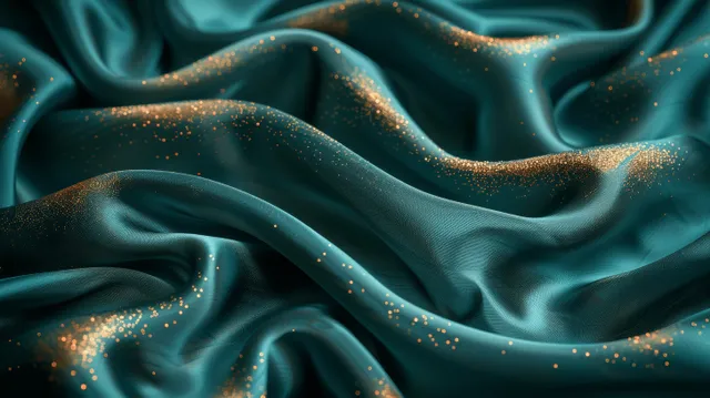 Emerald green satin fabric waves with gold glitter sparkles and turquoise glow background