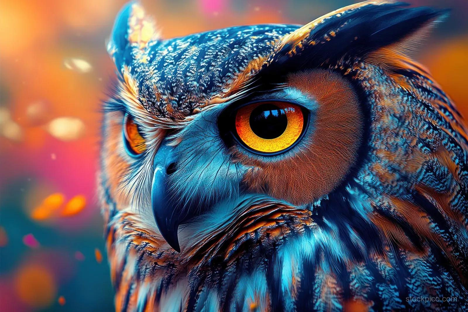 Blue owl close-up with glowing golden eyes and detailed feathers lit by dramatic neon light.