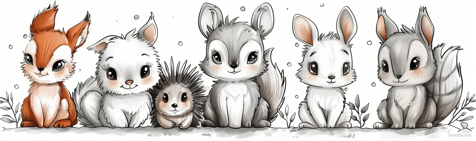 Black-and-white line drawing of several woodland animals, including a fawn deer, rabbit, squirrel, and hedgehog, arranged in a row.