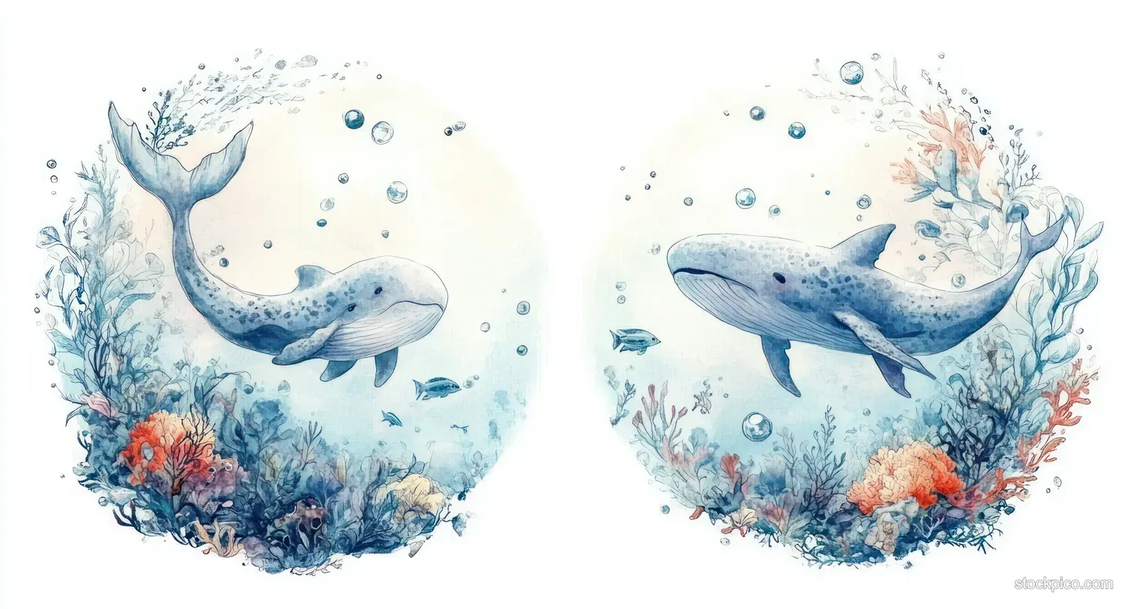 Two whales swim underwater around pastel coral and bubbles inside separate circular watercolor frames.