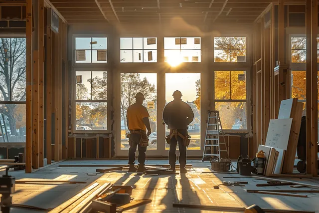Carpenters installing large windows and doors in a sunlit farmhouse interior