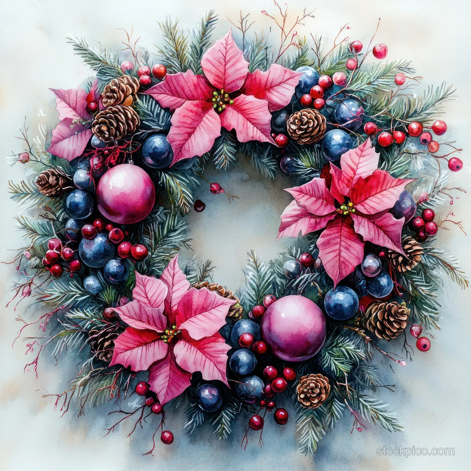 Watercolor Christmas wreath painted with pink poinsettias, blue berries, pinecones, and shiny ornaments.