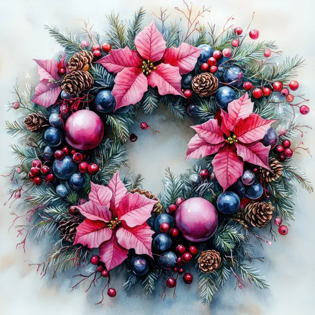 Watercolor Christmas wreath painted with pink poinsettias, blue berries, pinecones, and shiny ornaments.